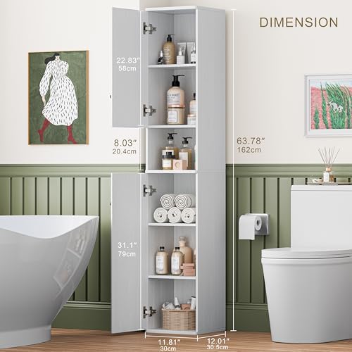 64" Narrow Bathroom Storage Cabinet with Adjustable Shelves and Drawer | 6-Tier Tall Slim Storage Cabinet, Anti-Tip Kit Included
