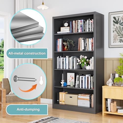 Bookcase,5 Tier White Bookshelves,66" Tall Free Standing Metal Bookcase with Adjustable Storage Shelves, Industrial Wide Bookshelf for Bedroom Living Room Home Office School