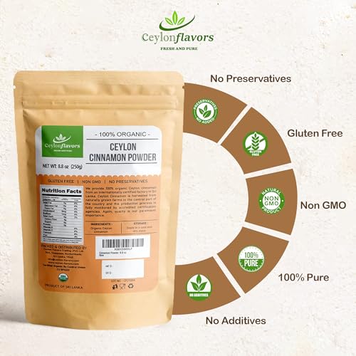 Ceylon Flavors Organic Ceylon Cinnamon Powder, Premium Special Grade, Non GMO, Harvested from a USDA Certified Organic Farm in Sri Lanka (3.5 oz)