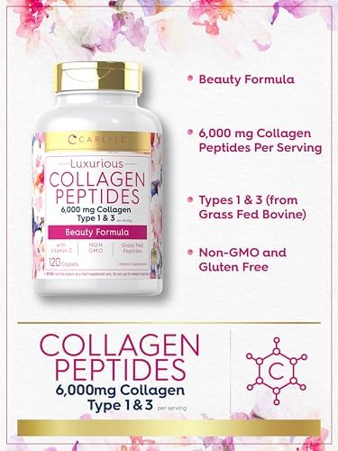 Carlyle Collagen Peptides with Vitamin C | 6000mg | 120 Caplets | Grass Fed Type I & III | Beauty Formula | Non-GMO, Gluten Free Supplement
