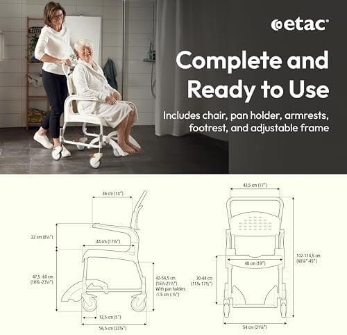 Etac Clean 24" Self-Propelled Shower Chair with Wheels - 21 3/4 Inch Fixed Height with 24 Inch Rear Wheels - Shower Wheelchair for Elderly and Disabled - Movable Armrest & Ergonomic Footrest
