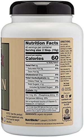 NutriBiotic Certified Organic Plain Rice Protein, 21 Ounce | Low Carbohydrate Vegan Protein Powder | Raw, Certified Kosher & Keto Friendly | Made Without Chemicals, GMOs & Gluten | Easy to Digest