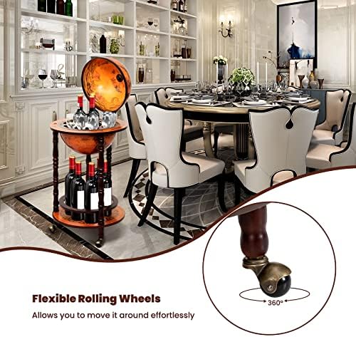 COSTWAY Globe Wine Bar Cabinet, Italian Replica Bar Cart with Wheels and Liquor Bottle Shelf, Solid Wood Wine Bar Stand for Home, Kitchen, Bar