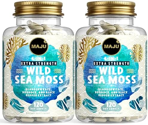 MAJU 4-in-1 Organic Sea Moss Capsules, Wild Chondrus Crispus, Seamoss w/Bladderwrack + Burdock Root, Stronger Than Gel, Irish