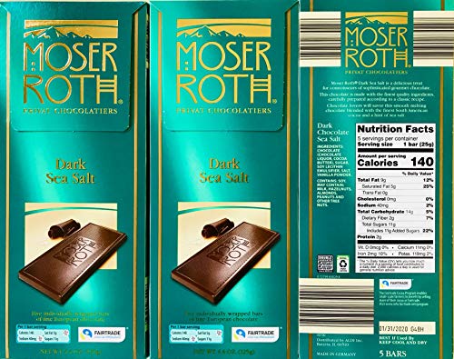 Moser Roth Dark Sea Salt Chocolate Bars, 85% Cocoa, Made in Germany, Fairtrade, Individually Wrapped, 3 Count, 4.4 Oz Each