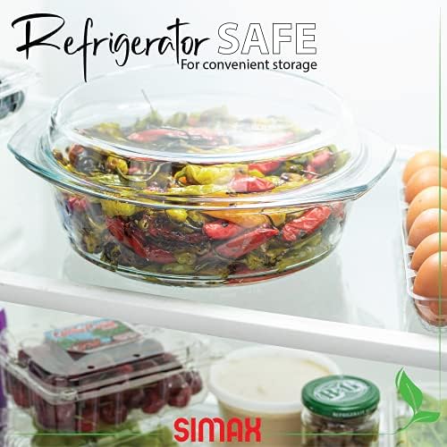 Simax Round Glass Casserole Dish, Clear Glass Round Casserole Dish with Lid and Handles, Covered Bowl for Cooking, Baking, Serving, Microwave