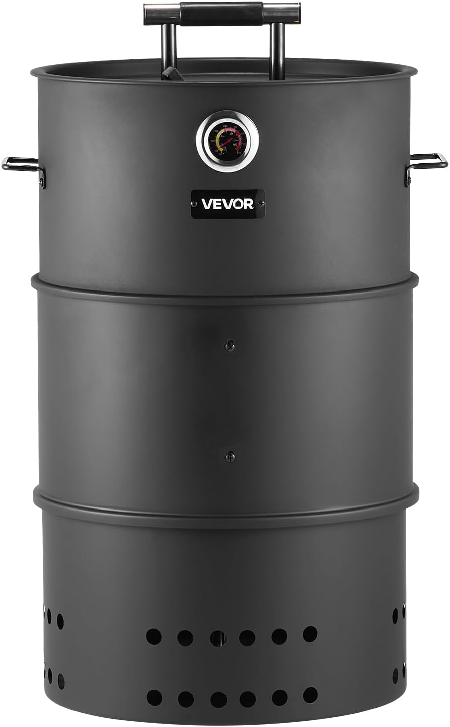 VEVOR Charcoal Smoker Grill, 18.5" Barrel Charcoal BBQ Smoker, Coated Steel Outdoor Barbecue Grill with 2 Grilling Grates, 1 Hanging Rod