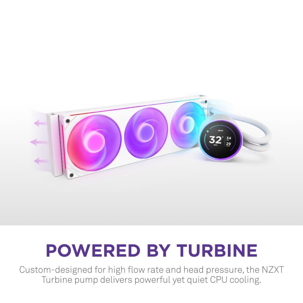 NZXT Kraken Elite 360 RGB - 360mm AIO CPU Cooler, LCD - White | 360mm RGB AIO with 2.36-inch LCD and F360 RGB Core fan. Flagship display cooling with synced RGB via CAM.