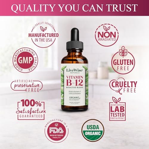 Organic Vitamin B12 1000 mcg Sublingual Liquid Drops, Unflavored, 2 oz | Methylcobalamin & Adenosylcobalamin, Bioactive Blend for Energy, Clarity & Focus, Vegan, Non-GMO, For Adults, 1 Year+ Supply