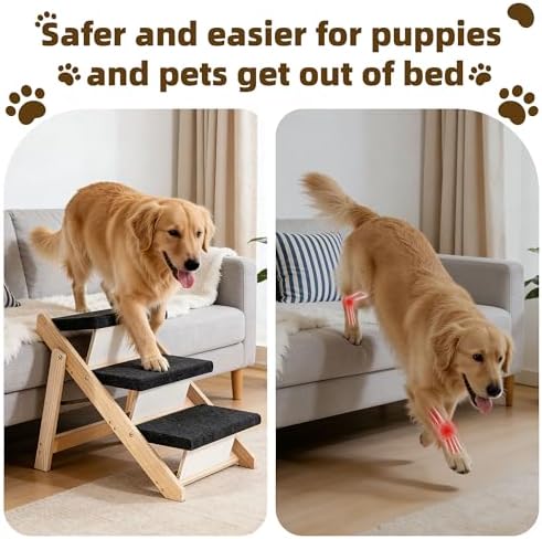 MEWANG Wood Pet Stairs & Ramp for Small/Medium Dogs & Cats, Aging Pets – 2-in-1 Foldable, Portable, Non-Slip Pet Ladder for Tall Beds, Couches