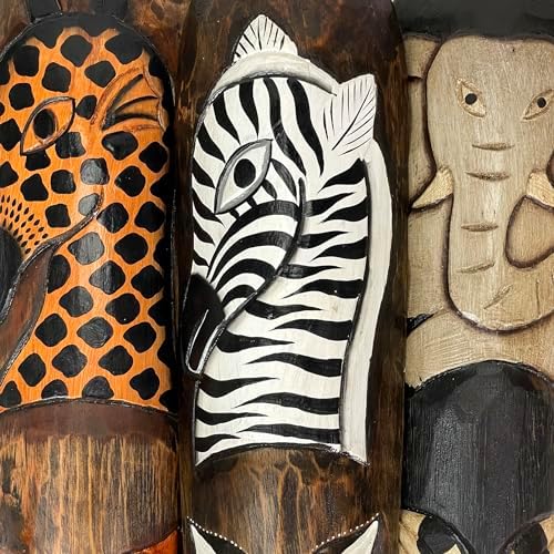 Set Of 3 African Wildlife Wooden Wall Masks | 19 In. Tall by 5 In. Wide, 2 In. Deep, Hand-Painted, Handcarved by Artisans, Fair Trade Item