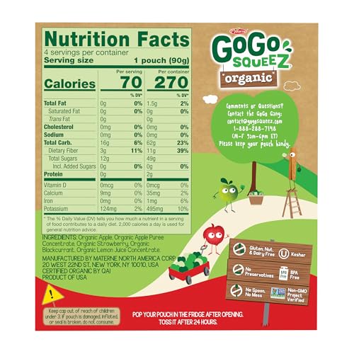 GoGo squeeZ No Sugar Added Organic Applesauce, Apple Apple, 48 Count | Kids on the go fruit snack made with applesauce & fruit puree; 3.2 oz pouches, gluten and nut free, recloseable cap, BPA-free