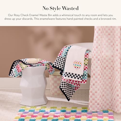 MACKENZIE-CHILDS Waste Bin, Black-and-White Courtly Check | Hand-painted design, made from enameled steel, decorative bedroom or bathroom trash can, 8" dia. x 9.5" H