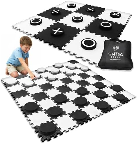 Swooc Games® - 2-in-1 Premium Giant Checkers & Tic Tac Toe Game (4ft x 4ft) - 100% High Density EVA Foam Mat & Pieces - Extra Large Checkers Set