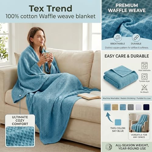 Tex Trend 100% Cotton Waffle Weave Blanket Queen Size - Soft, Breathable Cooling Blanket for Bed, Lightweight Cozy Summer & Spring Bedding, Grey, 90x90
