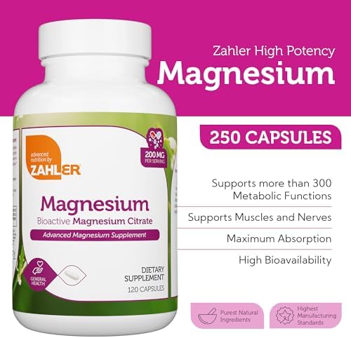 Zahler - Magnesium Supplement Capsules 200 mg (120 Count) Certified Kosher Bioactive Magnesium Citrate for Max Absorption - Natural Magnesium Mineral for Men & Women - Best Magnesium Supplements