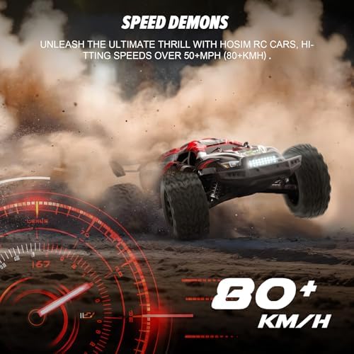 Hosim Mini 1:8 Brushless RC Cars for Adults, VEXARO 50+MPH Fast RC Trucks | 3660 3100KV Brushless Motor & 80A ESC, 2* 2600mAh 3S Lipo, Chrome Steel Central Transmission, All-Metal Oil-filled Shocks