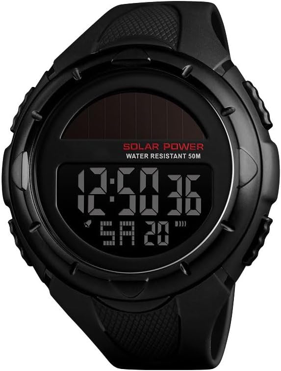 Gosasa Men's Outdoor Sports Multifunction Solar Power LED Digital Watches 50M Water Resistant (Black)