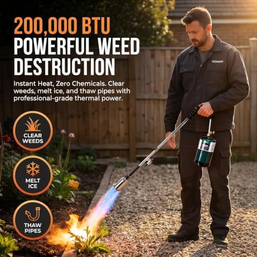 KOMAN Weed Torch Propane Burner, 35" Long Arm, Self-Ignition, Fuel by 1LB /5-40LB Propane Tank, for Roofing, Weeding