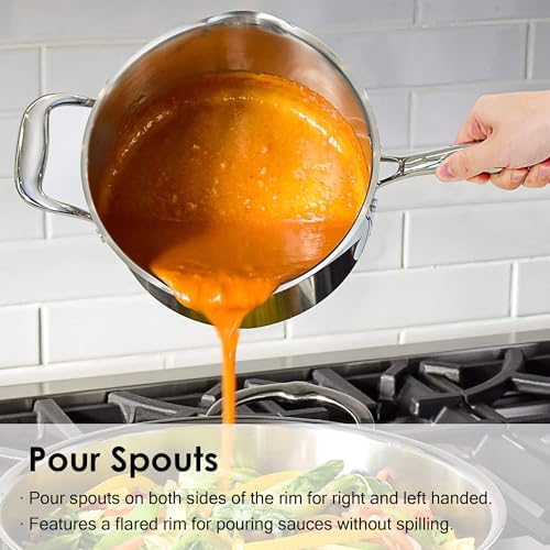 Rorence 3.7 Quart Stainless Steel Induction Sauce Pan with Lid | Stainless Steel Pot Saucepan with Pour Spout & Glass Lid with Strainer