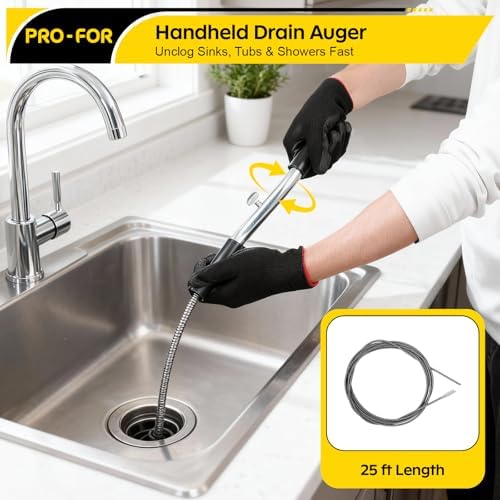 25FT Handheld Drain Auger, Heavy Duty Plumbing Snake for Clogged Drains, 3/8 Inch Diameter Manual Drain Cleaner for Sink, Bathtub