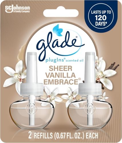 Glade PlugIns Refills Air Freshener, Scented and Essential Oils for Home and Bathroom, Sheer Vanilla Embrace, 1.34 Oz, 2 Count