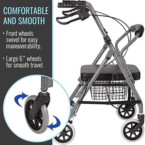 DMI Ultra Lightweight Folding Aluminum Hemi Rollator with Padded Seat, Basket and Adjustable Handle Height, Mobility Walker, Easily Fords