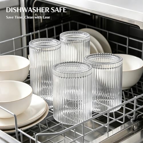 INSETLAN Set of 8 Vintage Glassware - 4 Highball Glasses 12 oz, 4 Rocks Glass Cups 14 oz, Ribbed Glassware Cocktail Glasses, Ideal for Wine, Juice