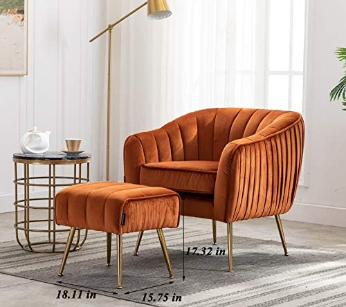 Velvet Modern Tub Barrel Arm Chair Upholstered Tufted with Gold Metal Legs Accent Club Chair with Ottoman Footrest for Living Reading Room Bedroom