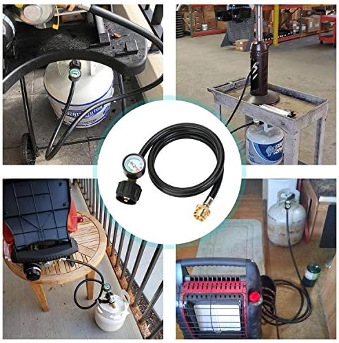 STYDDI 1lb to 20lb Propane Adapter Hose with Gauge, 4FT Propane Hose Converter Kit 1 lb to 20 lb for Weber Q Grill, Coleman Camp Stove