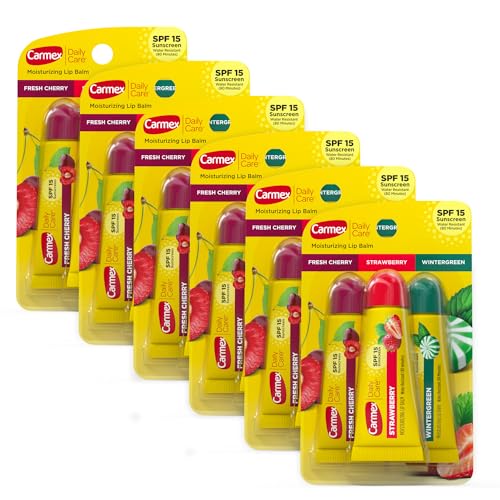 Carmex Daily Care Moisturizing Lip Balm Pack, Lip Balm With Sunscreen in Fresh Cherry, Strawberry and Wintergreen -0.35 Ounce (Pack of 3)