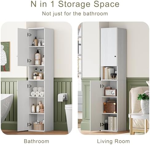 64" Narrow Bathroom Storage Cabinet with Adjustable Shelves and Drawer | 6-Tier Tall Slim Storage Cabinet, Anti-Tip Kit Included