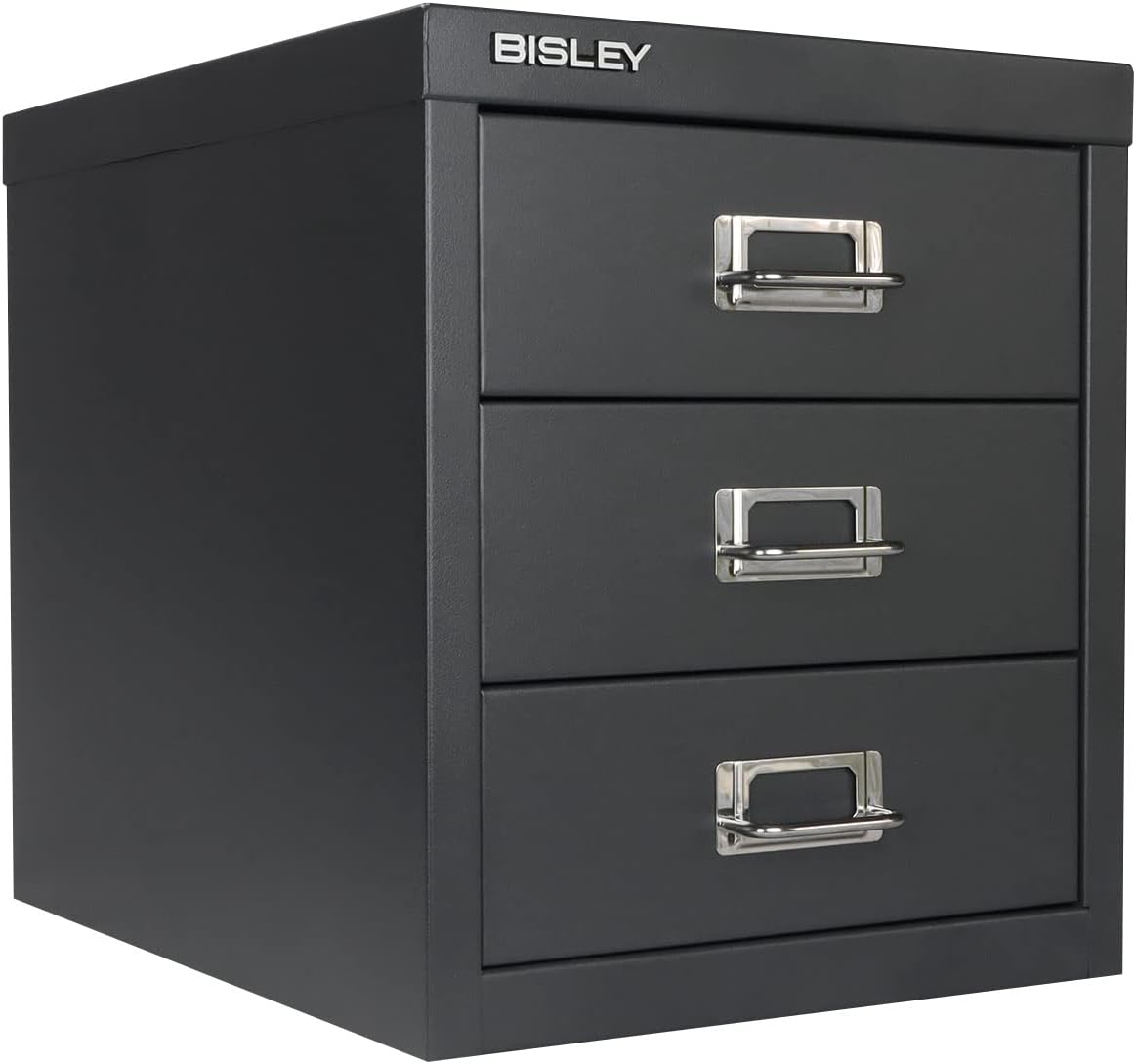 5-Drawer Steel MultiDrawer Cabinet - Orange, by Bisley | Chrome Pull Handles with Label Holders, Powder-Coated Steel, Removable Drawers, Desktop Storage, Labels Included