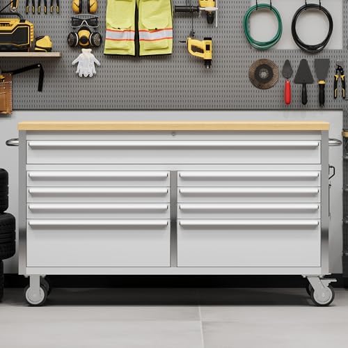 61 Inch Rolling Tool Chest, Garage Workbench with 9 Drawers, Solid Rubber Wood Top, Wheels Lock Key Locking System, Mobile Tool Cabinet Garage