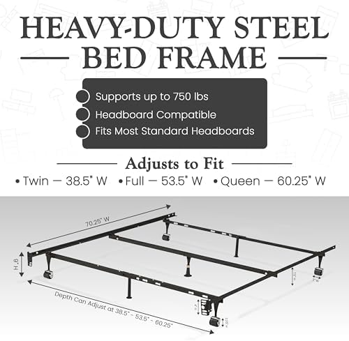 Kings Brand Furniture Queen Metal Bed Frame – Heavy Duty Support for Box Spring & Mattress Foundation with Center Rail, Locking Wheels