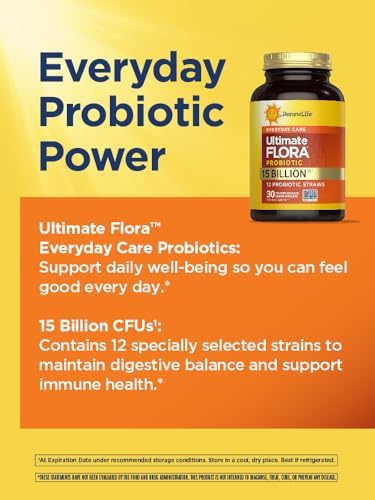 Renew Life Ultimate Flora Probiotic 15 Billion CFU | 30 Delayed Release Vegan Capsules Go Pack | Everyday Care Formula | Dairy, Soy, and Gluten Free Supplement