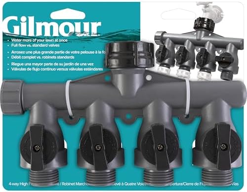 Gilmour Heavy Duty 4 Way Garden Hose Splitter, Quad Water Hose Splitter with Shut Off Valve, Polymer Water Manifold | Quad Water Manifold, Full Flow