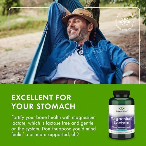 Swanson Magnesium Lactate Lactose-Free, 84 mg, 120 Capsules | Lactose-Free Mineral Supplement for Muscle and Bone Health Support, Gentle on the Stomach, Non-GMO and Gluten-Free
