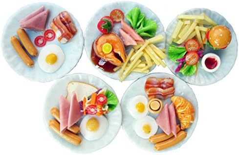 Mixed 5 Assorted Breakfast Dollhouse Miniature Food Set (1/6 Scale) – Sausage, Salmon Steak, Bacon, Burger & Fried Egg on Ceramic Plates