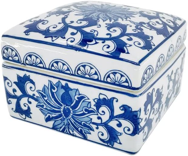 Blue & White China Lotus Floral Pattern Chinoiserie Square Ceramic Storage Box Jewelry Trinkets Organizer