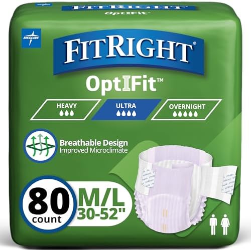 FitRight Stretch Adult Incontinence Briefs with Tabs, Ultra Absorbent, Size 1, 30" to 52", 20 Count