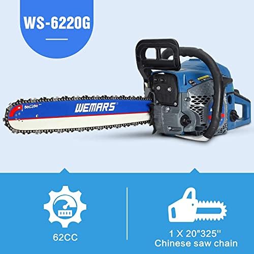 2-cycle 63CC Chainsaw Saw Gas Powered 20" Chain Saws Cordless Petrol Saw Handheld Chainsaw for Cutting Wood Trees Branches (63ACK)