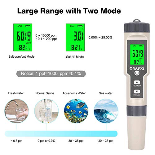 Digital Salinity Tester for Salt Water - Waterproof IP67 Salinity Meter with ATC Large Range 0-200ppt Saltwater Tester for Seawater, Aquariums