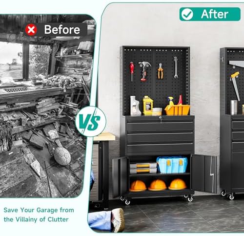 Metal Storage Cabinet with Wheels and Drawers, Rolling Garage Storage Cabinet with Lock, Black Metal Tool Cabinet with Hooks