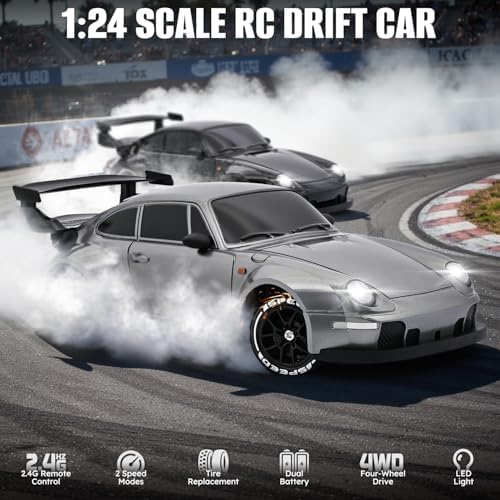 RC Drift Car,1:24 Scale Remote Control Car, 2.4GHz 20KM/H 4WD High Speed RC Cars for Kids with LED Light, Two Batteries,Drifting Tires,Racing Vehicle Toy for Adults Boys Girls Gray