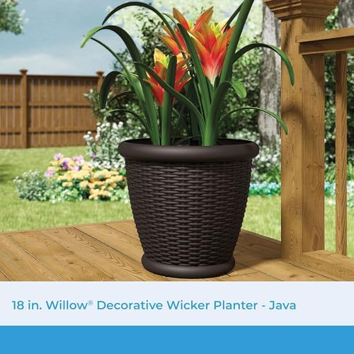 Suncast Wicker Planter w/ Drillable Drain Holes, Decorative Indoor/Outdoor Pot, 18in, Java