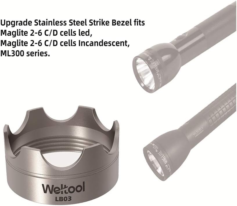 Weltool Flashlight Strike Bezel - 304 Stainless Steel for Maglite C or D Cell flashlights LED ML300L & ML300 LX - Upgrade Maglite Glass Breaker
