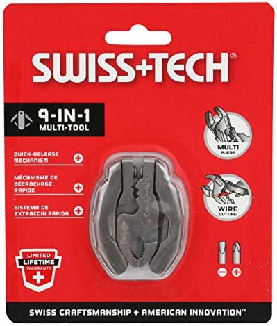 SWISS+TECH ST50016 Polished Stainless Steel 9-in-1 Micro Pocket Multitool with Screwdrivers, Pliers (Single Pack)