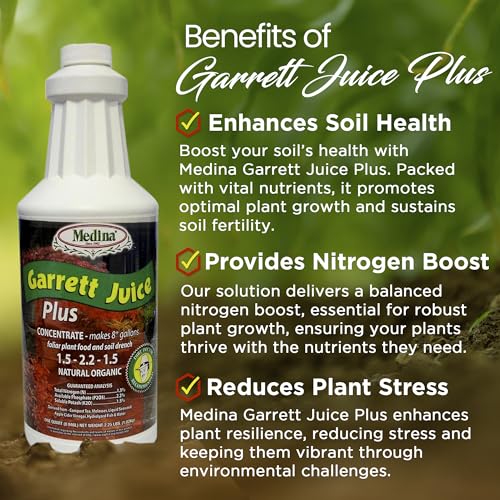 Medina Garrett Juice Plus Liquid Fertilizer, Houseplants & Garden - 1 Qt | Foliar Spray & Soil Drench | Vegetables, Flowers, Lawns & Trees | Seaweed & Fish Hydrolysate | Feed Every 1-2 Weeks