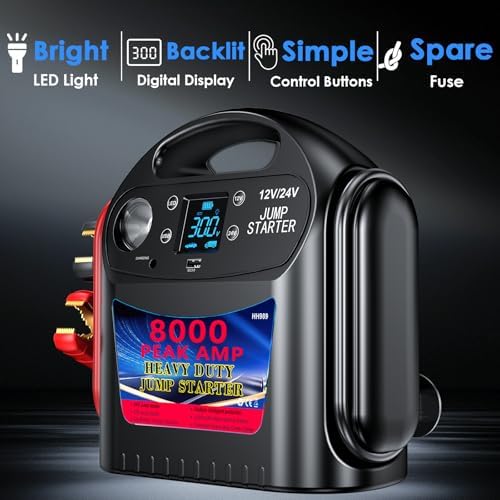 8000A 12V/24V Jump Starter for Large Gas & Diesel Engines, Heavy-Duty Portable Battery Booster Pack for Trucks